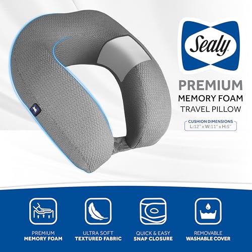 Sealy Ergonomic Memory Foam Travel Neck Pillow - Premium Cervical Neck Pillow for Airplanes, Designed for Comfort, Adaptive Ergonomic Support, Travel Essentials, Grey