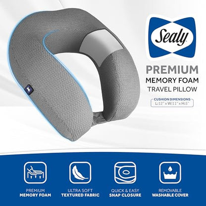 Sealy Ergonomic Memory Foam Travel Neck Pillow - Premium Cervical Neck Pillow for Airplanes, Designed for Comfort, Adaptive Ergonomic Support, Travel Essentials, Grey