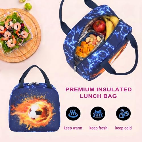 Boys Backpack Set 3PCS Ages 6-12, Kids School Backpack - color: Flame Soccer Blue