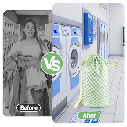 Laundry Bag Backpack for Dorm & Travel, 29 x 18" Large Dirty Bag - color: Green White Checkered