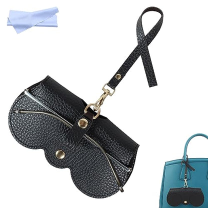 Soft Leather Sunglasses Bag, Portable Leather Glasses Case Holder Sunglasses Pouch, glasses Organizer Bag with Strap - color: Black