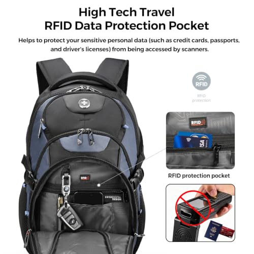 Swissdigital Design Travel Backpack for Men with USB Charging Port SD803-16 - color: Haze Blue/Black