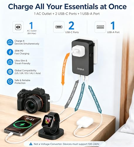 Jasput Universal Travel Adapter, USB-C PD 25W International Plug Adapter - color: Black+USBC 25W
