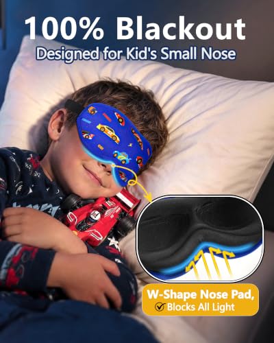 BeeVines Kids 3D Contoured Sleep Mask, 100% Blackout Sleeping Eye Masks for Boys, Pressure-free Memory Foam Cushioned Eye Cover, Adjustable Strap, for Travel Gifts (Racing Car)