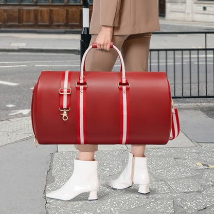 Leather Garment Bags for Travel, Convertible Carry on Garment Duffel Bag for Women, 2 in 1 Waterproof Foldable Travel Suit Bag with Shoulder Strap Weekender Bag with Shoe Pouch, Red - color: A-Red