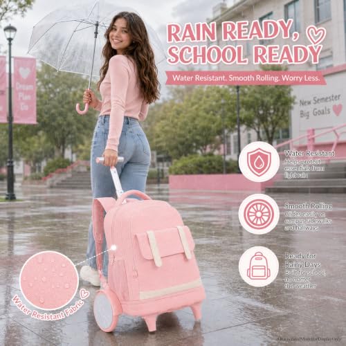 UFNDC Wheeled Backpack for Women & Girls with Big Wheels - Water-Resistant Rolling Bag for Travel, College & Business, 3-Pack (Pink) - color: Rolling Backpack Big Wheel Pink