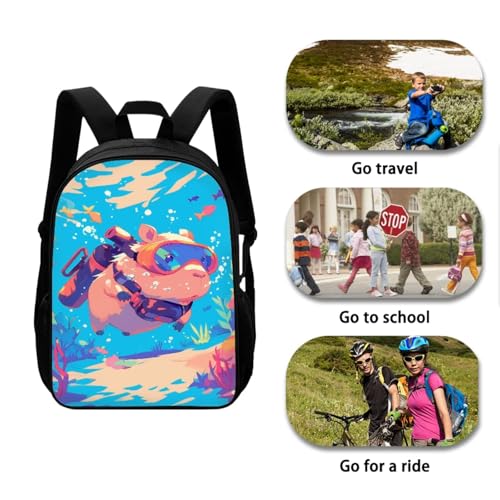 Capybara Dive Design Backpack with Lunch Box for Boys Girls Elementary & Middle School 3-in-1 Set, Durable Lightweight Bookbags for Kids Age 6-8 - color: Capybara Dive