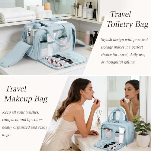 Travel Toiletry Bag, Large Wide-open Puffy Makeup Bag for Women Light Blue - color: Light Blue