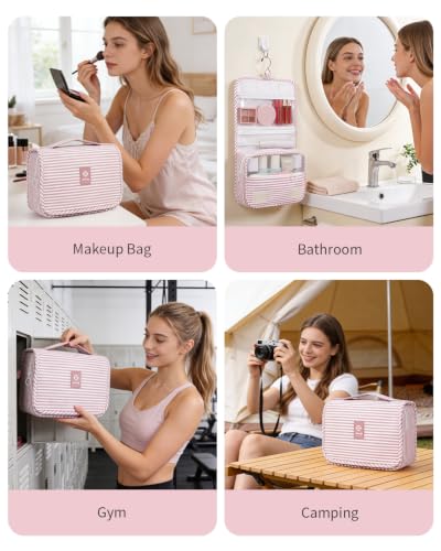 Narwey Small Hanging Travel Toiletry Bag for Women, Cosmetic Makeup Bag - color: Y-Dusty Pink Stripe