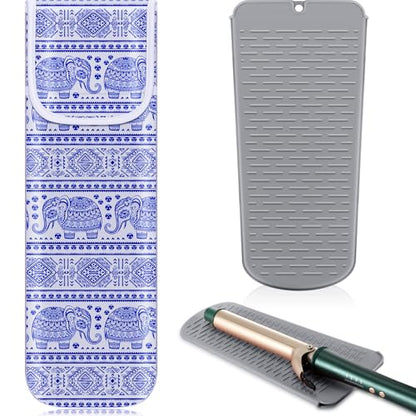 Shappy 2 Pcs Heat Resistant Curling Iron Flat Iron Travel Case,Elephant | Neoprene & Silicone Material, Double-layer Neoprene Pouch & Flexible Silicone Mat for Hot Hair Styling Tools - style: Elephant