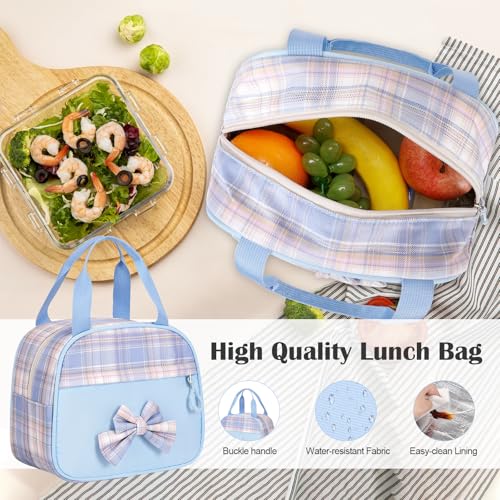 Bevalsa Rolling Backpack for Girls, Roller Backpack with Wheels | Cute Bow Plaid Wheeled School Bookbag Set with Lunch Bag & Pen Case, Suitcases for Kids Teens Elementary Middle Student - color: Blue Plaid