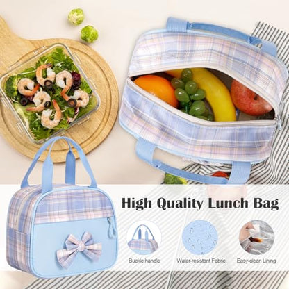 Bevalsa Rolling Backpack for Girls, Roller Backpack with Wheels | Cute Bow Plaid Wheeled School Bookbag Set with Lunch Bag & Pen Case, Suitcases for Kids Teens Elementary Middle Student - color: Blue Plaid