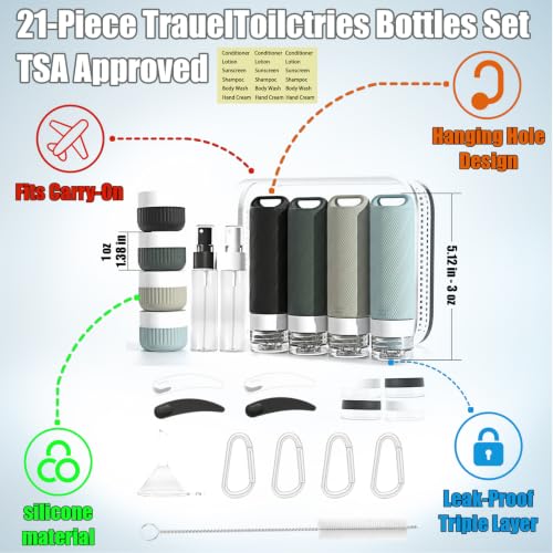 Travel Toiletry Containers 26Pcs Silicone Leakproof TSA Approved Set - color: Black Gray A