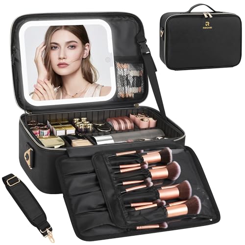 Chomeiu Makeup Bag with LED Mirror, Travel Cosmetic Bag with Shoulder Strap - color: 01-Black, size: Medium