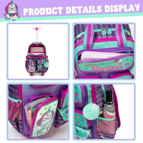 Unicorn Rolling Backpack for Girls, Wheels Backpacks for Elementary Student, Kids Wheeled Trolley Trip Luggage with Adjustable Handle