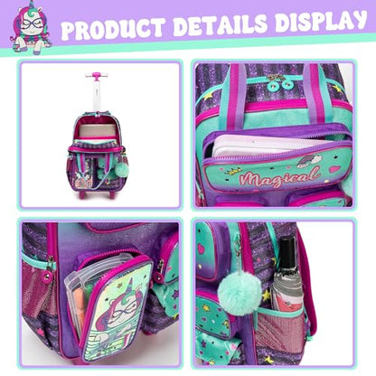 Unicorn Rolling Backpack for Girls, Wheels Backpacks for Elementary Student, Kids Wheeled Trolley Trip Luggage with Adjustable Handle