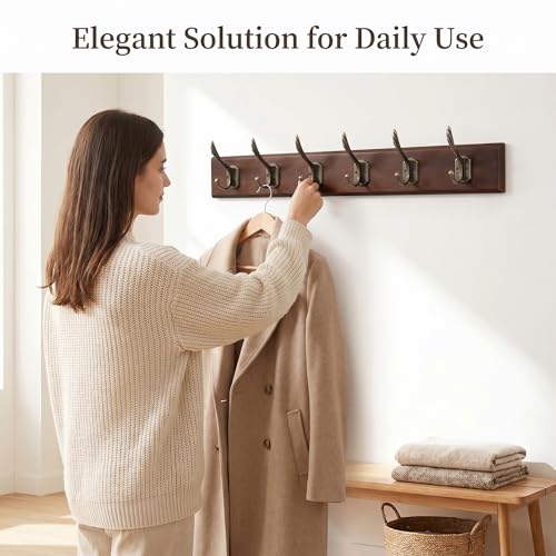 Wall Mounted Coat Rack with Solid Wood, 6 Bronze Metal Hooks – 23.22 Inch Rustic Brown Entryway Organizer for Hanging Coats, Hats, Jackets, Scarves, Bags, for Hallway, Bedroom, Bathroom（6Hooks） - size: Medium