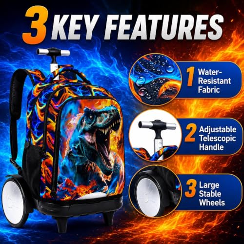 20 Inches Large Wheels Rolling Backpack for Boys with Detachable, 3Pcs Kids Fire Dinosaur Wheeled Backpack Set for Elementary School (Red) - color: Fire Dinosaur (Large Wheels)