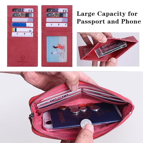 VISOUL Long Zipper Cash Wallet for Women with Removable Credit Card Holder, Soft Genuine Leather Clutch Wallet-Light Red - color: Light Red