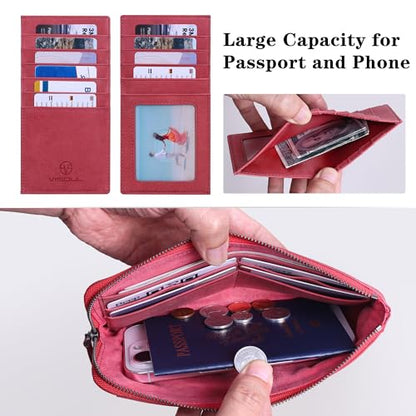 VISOUL Long Zipper Cash Wallet for Women with Removable Credit Card Holder, Soft Genuine Leather Clutch Wallet-Light Red - color: Light Red