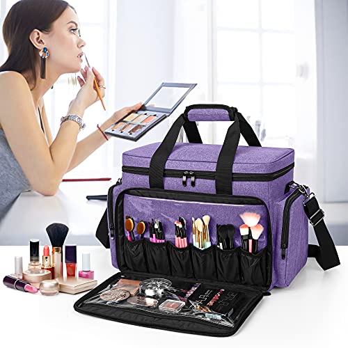 BAFASO Large Makeup Bag Cosmetic Bag with Removable Dividers, Purple - color: Purple