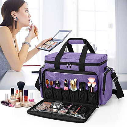 BAFASO Large Makeup Bag Cosmetic Bag with Removable Dividers, Purple - color: Purple