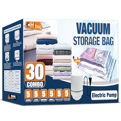 HIBAG Vacuum Storage Bags with Electric Pump, Vacuum Seal Bags for Clothing, Pillows, Blanket Bedding Comforters, 30 pack - size: 30-COMBO