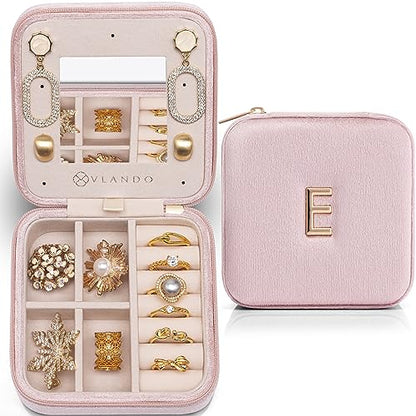 VLANDO Small Jewelry Travel Case, Letter E Case with Compact Mirror - color: Pink, size: Letter E