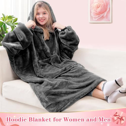 Waitu Wearable Blanket Sweatshirt Gifts for Women and Men, Warm and Cozy Giant Blanket Hoodie, Thick Flannel Blanket with Sleeves and Giant Pocket - Dark Gray - color: Dark Gray, size: Adult