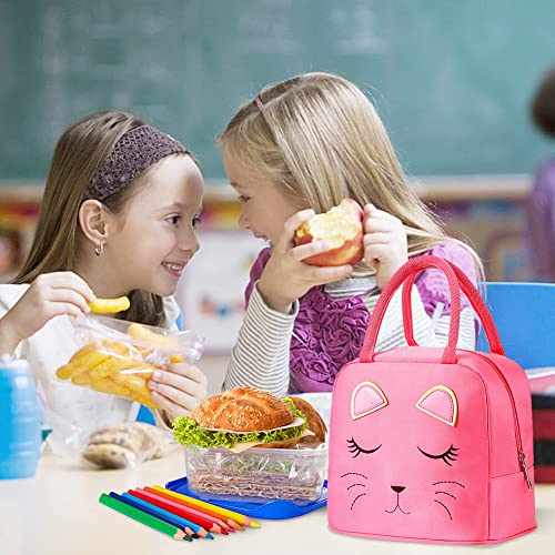 Cute Cat Pink School Backpack with Lunch Bag for 8-16 Year Old Girls, Elementary School Bags Bookbags for Kids - color: Hpcatpink-lunch