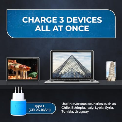 OREI Type L Travel Adapter with Dual USB – Italy, Chile & Uruguay, Blue - style: Type L - Italy