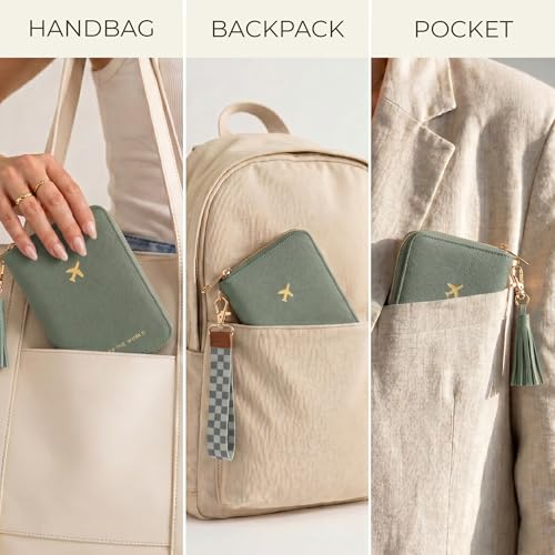 Beautiful Passport Holder And Travel Wallet with Wristlet Strap - color: Sage