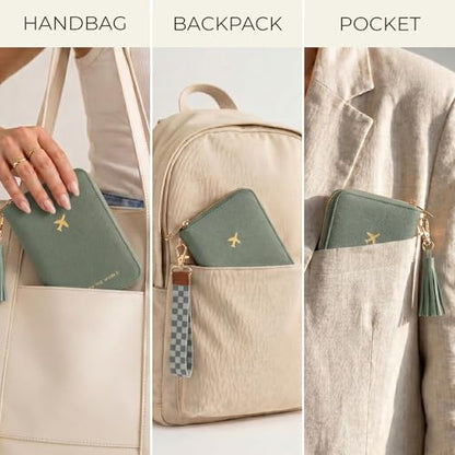 Beautiful Passport Holder And Travel Wallet with Wristlet Strap - color: Sage