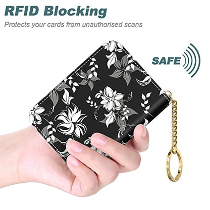 Nipichsha Women's Slim Leather RFID Wallet, Black Flower, Compact Size, 12-Slot with Zipper and Keychain - color: Black Flower