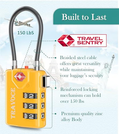 TRAVOCE TSA Approved Luggage Locks, Combination Cable Locks, 4 Pack, Yellow - color: Yellow 4 Pack