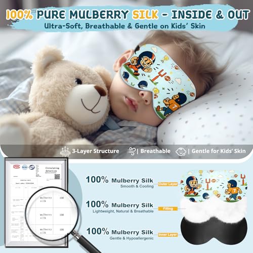 Kids Silk Sleep Mask, 100% Mulberry Silk Eye Mask with Adjustable Strap - color: Football Style