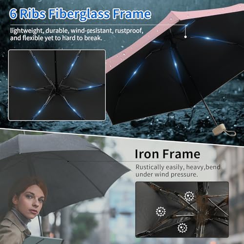 Compact Mini Windproof Travel Umbrella-UPF 50+ Sun & Rain Protection, Small Folding Design Fits in Pocket or Purse, Lightweight Portable with Case for Women, Men & Kids - color: Pink