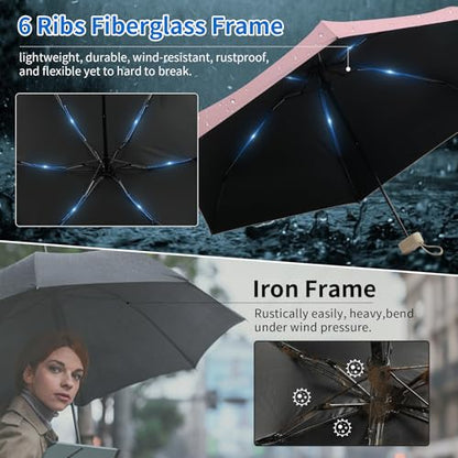 Compact Mini Windproof Travel Umbrella-UPF 50+ Sun & Rain Protection, Small Folding Design Fits in Pocket or Purse, Lightweight Portable with Case for Women, Men & Kids - color: Pink