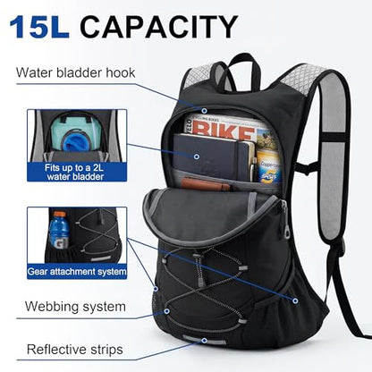 TILYMOL 15L Small Hiking Backpack for Men Women – Foldable Packable Daypack with Hydration System Compatible & Shoulder Strap Phone Pocket, Lightweight for Travel Camping Outdoor (Black) - color: Black
