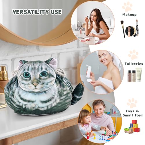 Cat Shaped Drawstring Makeup Bag for Women - Grey Tabby Cat Design Cosmetic Case - color: Grey Tabby Cat