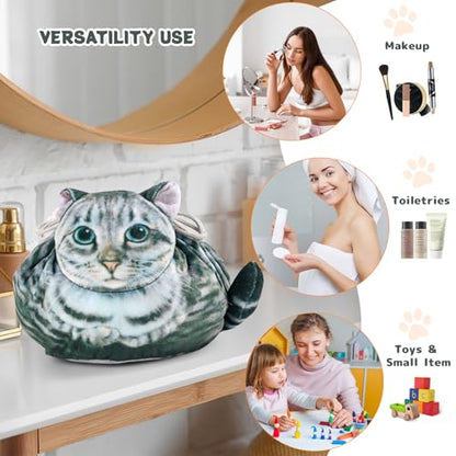 Cat Shaped Drawstring Makeup Bag for Women - Grey Tabby Cat Design Cosmetic Case - color: Grey Tabby Cat