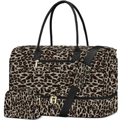 Travel Weekender Bags for Women: Duffel Bag with Shoe Compartment Overnight - color: 32-Brown Leopard Print, size: 40L-Large