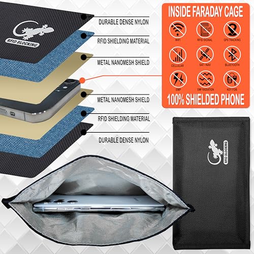 Gecko Travel Tech Faraday Bag Anti-Tracking GPS RFID Car Key Signal Blocker Wallet Shielding Pouch Protective Case for Cell Phone Car Key FOB, Data Privacy, Electronic Device Security (BLACK - NYLON) - color: BLACK - NYLON