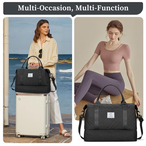 Weekender Bags for Women, Travel Duffel Bag with Shoes Compartment - color: Grid-Black, size: Large