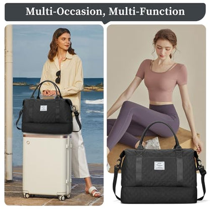 Weekender Bags for Women, Travel Duffel Bag with Shoes Compartment - color: Grid-Black, size: Large