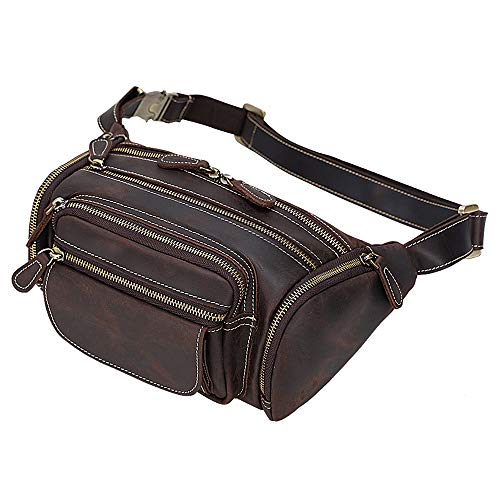 TIDING Leather Fanny Pack Multi-Pockets Waist Belt Bag for Men - color: Dark Brown