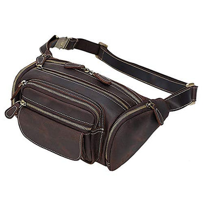 TIDING Leather Fanny Pack Multi-Pockets Waist Belt Bag for Men - color: Dark Brown