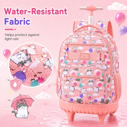 KLFVB Girls Rolling Backpack, 3PCS Womens Roller Bookbag with Lunch Bag for Kids, Wheeled School Bag for Children - Pink Cloud Cat - color: Pink Cloud Cat