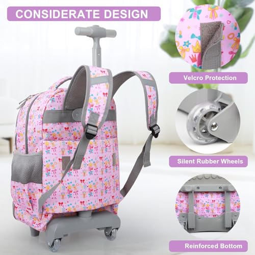 Tilami Rolling Backpack for Kids 18 Inch Wheeled Bookbag for Boys & Girls for School & Travel,Pink Girl - color: Pink