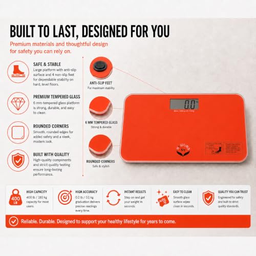 700 Series Travel Digital Bathroom Scale, 400 lb, Red-Orange - color: Red-Orange